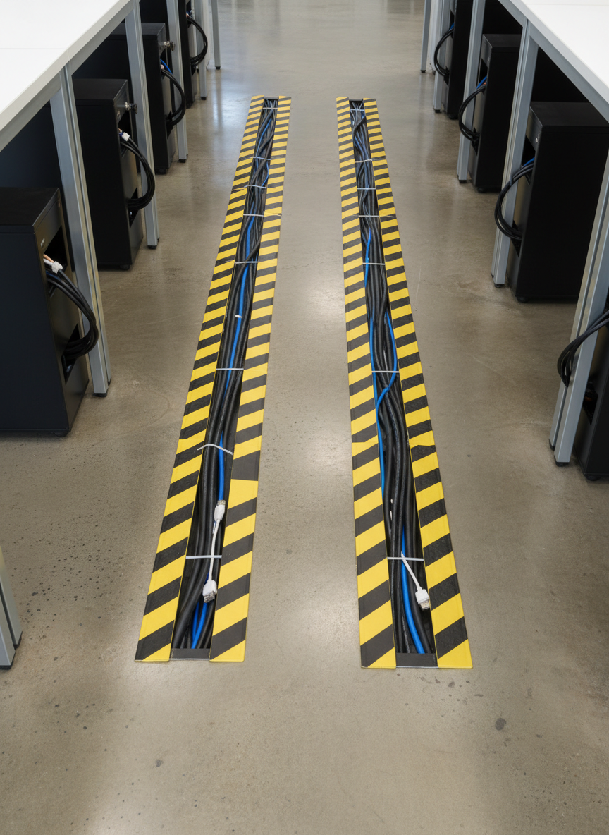 A photographic realism overhead view of a polished concrete office floor where cable safety is clearly prioritized. Bright yellow and black striped floor cable covers run in straight lines, protecting a bundle of power and network cables as they cross a walkway. The rubber covers have subtle surface texture and beveled edges to reduce tripping risk. Nearby, neatly aligned desk legs and cable-managed pedestals suggest a well-planned layout. Soft, diffused overhead lighting produces minimal glare, allowing the color-coding of the covers to stand out. The composition uses rule of thirds, with the cable covers forming strong leading lines across the frame. The atmosphere feels organized and professional, highlighting hazard prevention in a busy business environment.