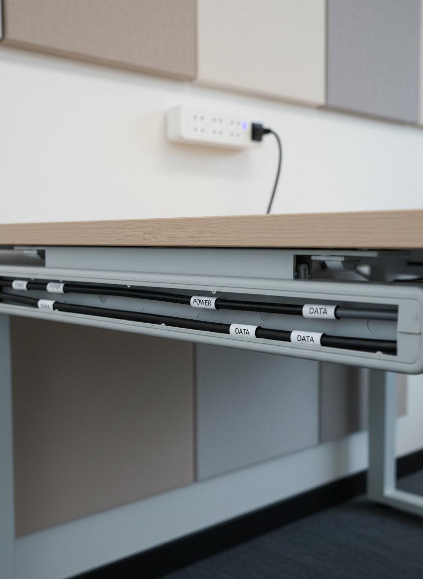 A close-up, photographic realism shot of the back of a modern office desk, showcasing an expertly managed cable channel mounted along the underside. Individual power and data cables, in matte black and subtle gray, are separated into distinct tracks, with clear labeling tags visible at intervals. A surge-protected power strip is mounted horizontally above floor level, keeping plugs off the ground. Neutral-colored acoustic wall panels form a soft-focus background. Cool, even studio lighting highlights the textures of the cable sheathing and plastic channel without harsh reflections. Captured from a low, side angle for a dynamic yet orderly composition, the mood is calm, precise, and safety-focused, emphasizing the prevention of trip hazards and electrical clutter.