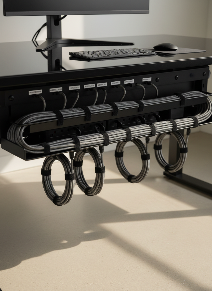 A meticulously organized workstation featuring a sleek black office desk with a glossy finish, every cable neatly routed and labeled. Under the desk, a cable tray securely holds power strips and cables in parallel lines, with braided black and gray sheathing adding texture and uniformity. Velcro straps gather excess length into tidy bundles, avoiding contact with the floor. Soft, diffused daylight filters from an unseen window, casting gentle shadows that emphasize the orderliness. Photographed at eye level with a slight angle, capturing the full cable path from desktop to floor. The mood is professional, safe, and controlled, with clean photographic realism and a modern corporate aesthetic that communicates best practices in cable safety and management.